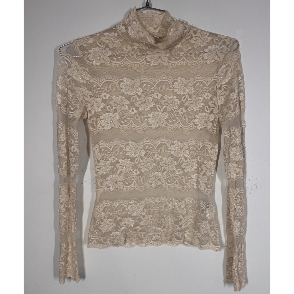 VTG Cache Cream Sheer Lace Long Sleeve Turtleneck Top Beaded Women's M Coquette